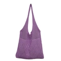 Detailed view of purple knitted tote bag featuring a hollow diamond weave and single strap - Violet