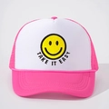 Pink and white mesh trucker hat featuring a yellow smiley face and Take It Easy embroidery - One Size / Rose Red