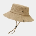 Close-up of khaki canvas sun hat with metal eyelets and adjustable windproof strap - Khaki