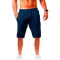 Detail van marineblauwe linnen korte broek met elastische tailleband met trekkoord en stof - Donkerblauw