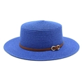 Royal blue flat top straw hat with brown leather band and metal buckle for sun protection - M (56-58cm) / Blue