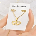 Detail of gold-plated stainless steel jewelry set featuring double heart necklace and studs - TT-072 (Double Heart)