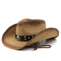 Western straw cowboy hat with skull rivets, brown gradient finish and chin strap - M(56-58cm) / Khaki Brown (01)