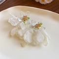 Elegant white chiffon flower earrings with acrylic accents in a ceramic tray display - White Velvet Flower Style (26#)
