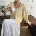 Cárdigan de punto amarillo claro minimalista con cuello en V, botones y bolsillos de mujer - S / Amarillo