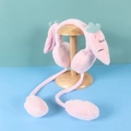Pink plush earmuffs with moving animal ears and fluffy balls on a wooden display stand - One Size / Carrot-Light Pink