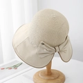 Elegante cappello da sole in paglia beige con fiocco grande e piping marrone - Circonferenza Testa 55-57CM Regolabile / Bianco Sporco (8400# Paglia Divisa Secchiello)