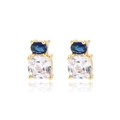 18k gold plated stud earrings featuring dark blue oval and white cushion-cut zircons - Gold White and Blue Zirconia Style (E2497)