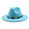 Detail of teal wool fedora hat with black leather band and vintage star studs - Lake Blue