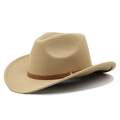 Detail of khaki felt cowboy hat with brown leather band and gold rivet accents - M (56-58cm) Adjustable / Camel