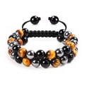 Bracelet double couche fait main en pierres d'oeil de tigre et perles de lave naturelle - 7A Oeil de Tigre Jaune + 7A Agate Polie + Hématite