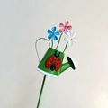 Garden metal watering can stake with ladybug, blue, pink and white metal flowers - Small Watering Can Green Beetle