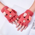 Pink knit convertible gloves for kids with cartoon design and half-finger flip top - 5-14 Years / Puppy-Watermelon Red