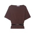 Chocolate brown boat neck knit top with dolman sleeves and black belted waist - S / Dark Brown