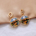 Vintage oil painting style flower earring with purple scenery and elegant pearl detail - Night Landscape [C-35]