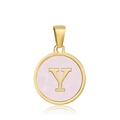 Pendentif en acier titane doré avec la lettre Y et détail en émail rose sur blanc - Y-Coquille Rose