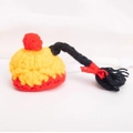 Handmade yellow knitted pet hat with red pompom and black braid for hamsters - Emperor Hat