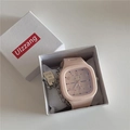 Pink square kids sports watch with silicone strap and silver bracelet in a gift box - Watch Only / Pink Strap Pink Dial