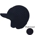Detail view of winter knit beanie with brim showing thick fleece lining and ear protection - With Brim Style-Fleece Lined / Navy Blue