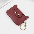 Deep burgundy cat-eared PU leather card holder with gold rivets and keychain - Deep Pink