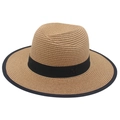 Classic Panama straw hat in brown with black trim and M metal detail for sun protection - Khaki