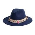 Detail of navy blue felt fedora hat featuring colorful woven band with tassels and shells - Navy Blue