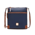 Women's blue pebble leather crossbody bag with brown trim and gold metal logo - Sapphire Blue