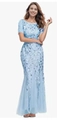 Detail of light blue mesh evening gown with silver sequin leaf embroidery and fishtail hem - Sky Blue
