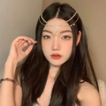 Exquisite double-layered gold forehead chain with white pearls and a purple crystal bracelet - 241205 Golden Pearl Pendant Headpiece Set
