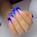 Detail of long coffin press-on nails with blue gradient ombre and rhinestone accents - Blue Pink Gradient Ink Smudge Rhinestone Style (BW109)
