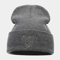 Detailed view of turtle embroidery on grey knitted beanie with ribbed texture - Dark Gray