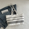 Borsa tote minimalista in tela bianca a righe nere con doppi spallacci resistenti - Bianco