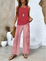 Detail of red sleeveless top and high waist red-white striped wide leg pants set - S / Top And Bottom / Red and White Striped