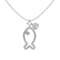 S925 silver fish necklace featuring pavé zircons and a clear triangular crystal - 925 Silver / Silver Hollow Fish Necklace (DY190849-S-W-WH)