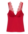 Détail du caraco élégant en satin rouge avec décolleté en V profond et bordure dentelle - XS / Rouge