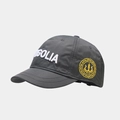 Detail of grey baseball cap featuring white MONGOLIA embroidery and yellow ethnic badge - Adjustable / Dark Gray