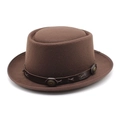 Detail of dark brown wool felt hat with leather band and metal buckle accents - M (56-58cm) / Brown