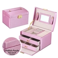 Three-tier pink-purple jewelry box in rain-silk leather with mirror and lock - Silk Pattern Purple