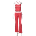 Red polka dot two-piece set with crossover crop top and flared pants for women - S / Red