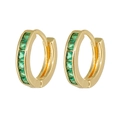 Aros geométricos chapados en oro con circonitas cuadradas de color verde esmeralda - Huggie de Circonita Cuadrada Verde Esmeralda (E354-3)