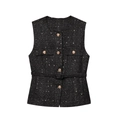 Schwarze Damen-Tweedweste mit Pailletten, Goldknöpfen und passendem Gürtel auf weißem Grund - XS / Schwarz