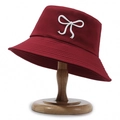 Fashionable wine red cotton bucket hat with a white 3D bow accent for women - Red