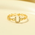 Adjustable golden hollow chain ring featuring a sparkling zircon-studded letter U design - Gold-Letter U