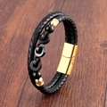 Close-up of double-layer black braided leather bracelet with golden beads and magnetic clasp - Gold-4 (Gold & Black Beads)