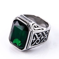 Men's stainless steel ring with large rectangular green gemstone and engraved side detailing - US 7 / Vintage Silver Tone (Green Rhinestone)