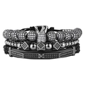 Men's triple-layer bracelet set featuring zircon crown and black braided leather bands - Black Crown 3-Piece Set