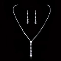 Elegant silver Y-shaped rhinestone necklace and drop earrings set for bridal jewelry - TL028/Bridal Wedding Geometric Style