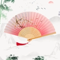 Pink gradient bamboo folding fan with cherry blossom pattern and red tassel pendant - Butterfly & Cherry Blossom - Pink