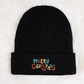 Berretto classico in maglia nera con ricamo colorato Merry Christmas su pelliccia finta - Taglia unica / Nero