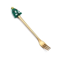 Golden stainless steel fork featuring a green Christmas tree ornament on a white background - Christmas Tree Fork / Titanium Gold